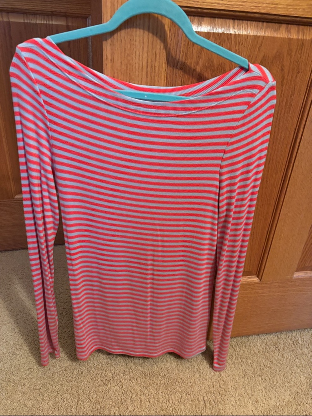 Striped Long-Sleeve Boatneck Top in Coral and Light Gray